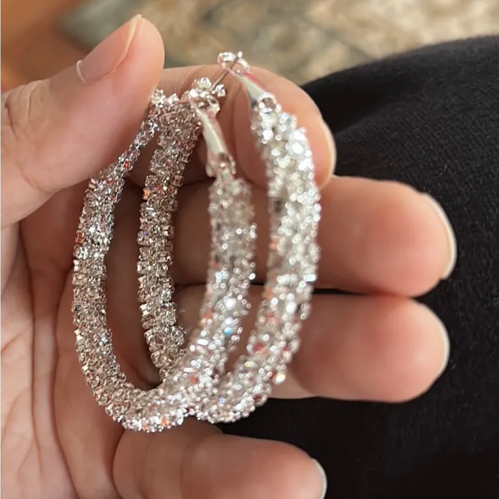 Large Full Rhinestone Hoop Earrings Silver Plated Delicate Jewelry Party Holiday - Picture 2 of 6
